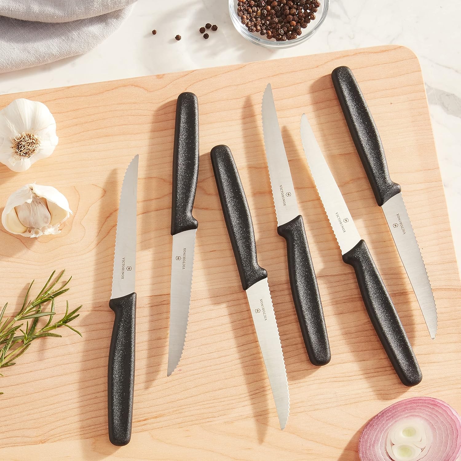 Serrated Steak Knife Set, Pointed-tip, 4.5-Inch, 6-Piece, Black F521280