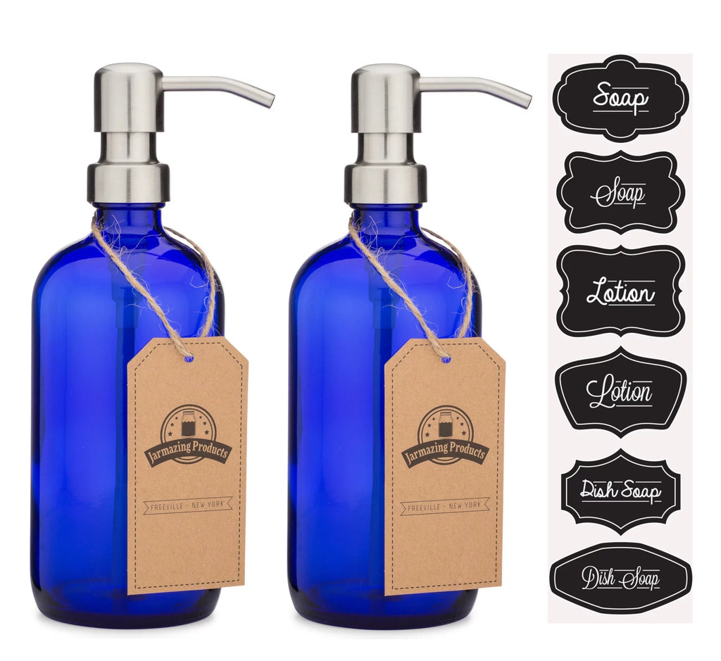 Cobalt Blue Glass Pint Jar Soap and Lotion Dispenser with Stainless Steel Metal Pump - 2 Pack