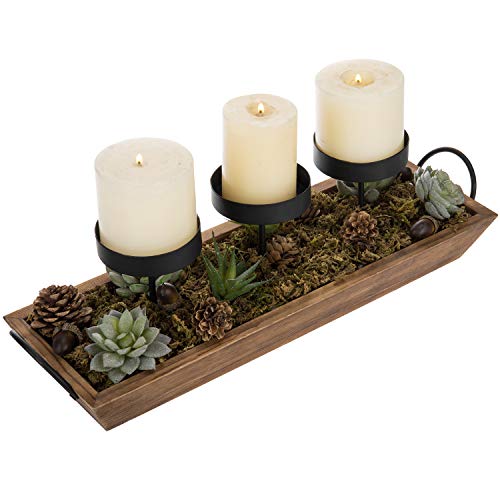 Black Metal Candle Holder with Wood Tray T207407