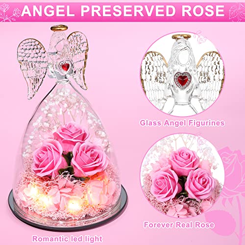 Preserved Real Roses in Glass with Angel Figurine, Birthday Gift for Women G2878