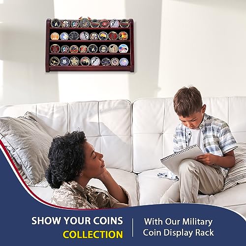 Military Coin Display Case, 5 Row Wooden Holder Rack, Holds 50 Coins, Wall or Desk Mount B693942