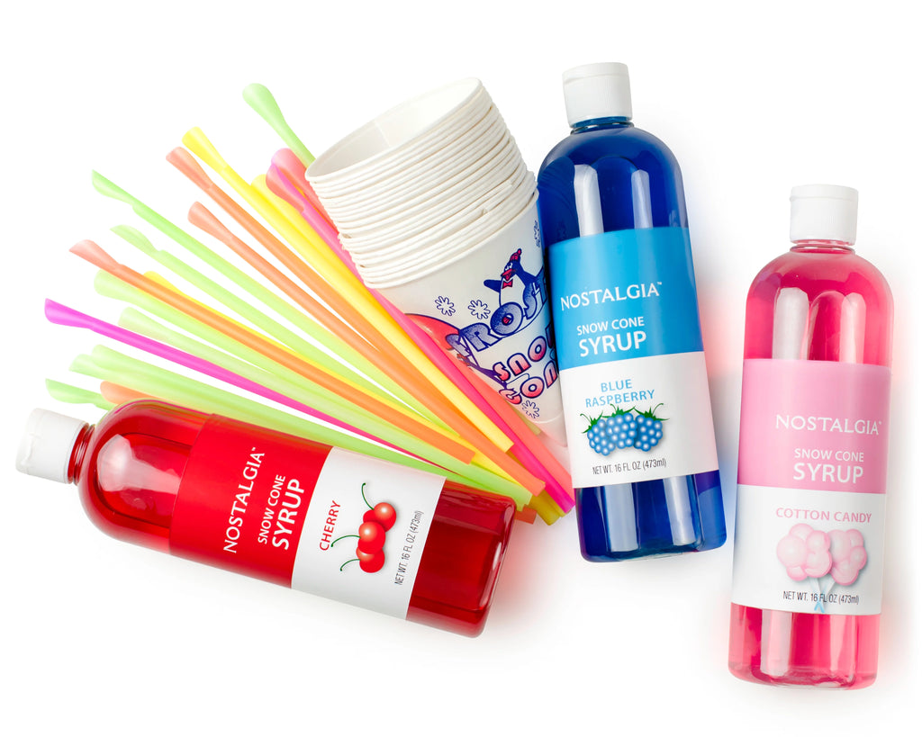 Snow Cone Syrup Party Kit, 3 x 16 oz, 20 Snow Cones with Spoon Straws V37424