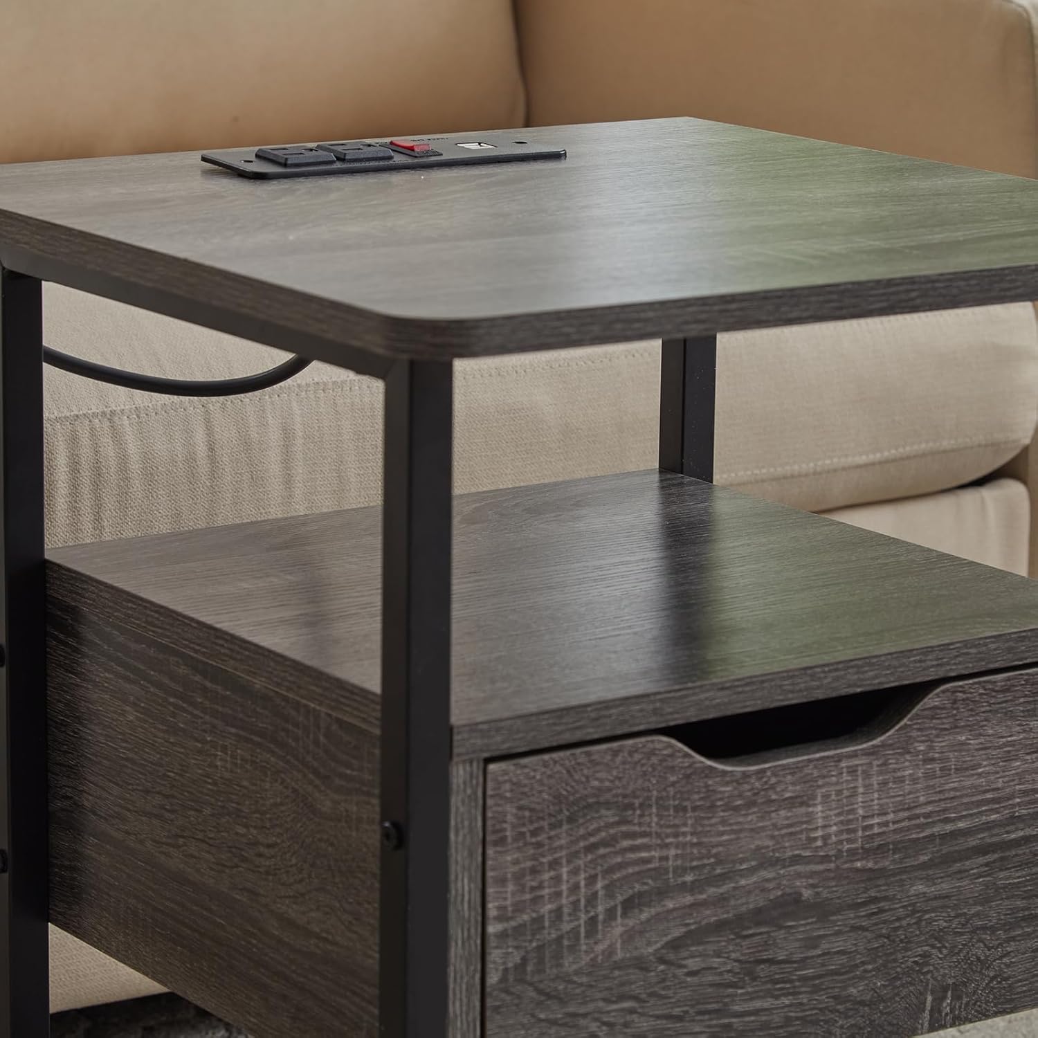 Nightstand Set of 2 with Charging Station, Wheels, and Drawer Y6233