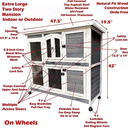 Large Double Story Wooden Rabbit Hutch with Wheels K474902