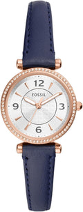 Fossil Women's Carlie Mini Quartz Stainless Steel and Leather Three-Hand Watch, Color: Rose Gold, Navy (Model: ES5295)