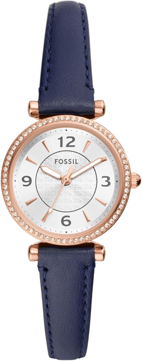 Fossil Women's Carlie Mini Quartz Stainless Steel and Leather Three-Hand Watch, Color: Rose Gold, Navy (Model: ES5295)