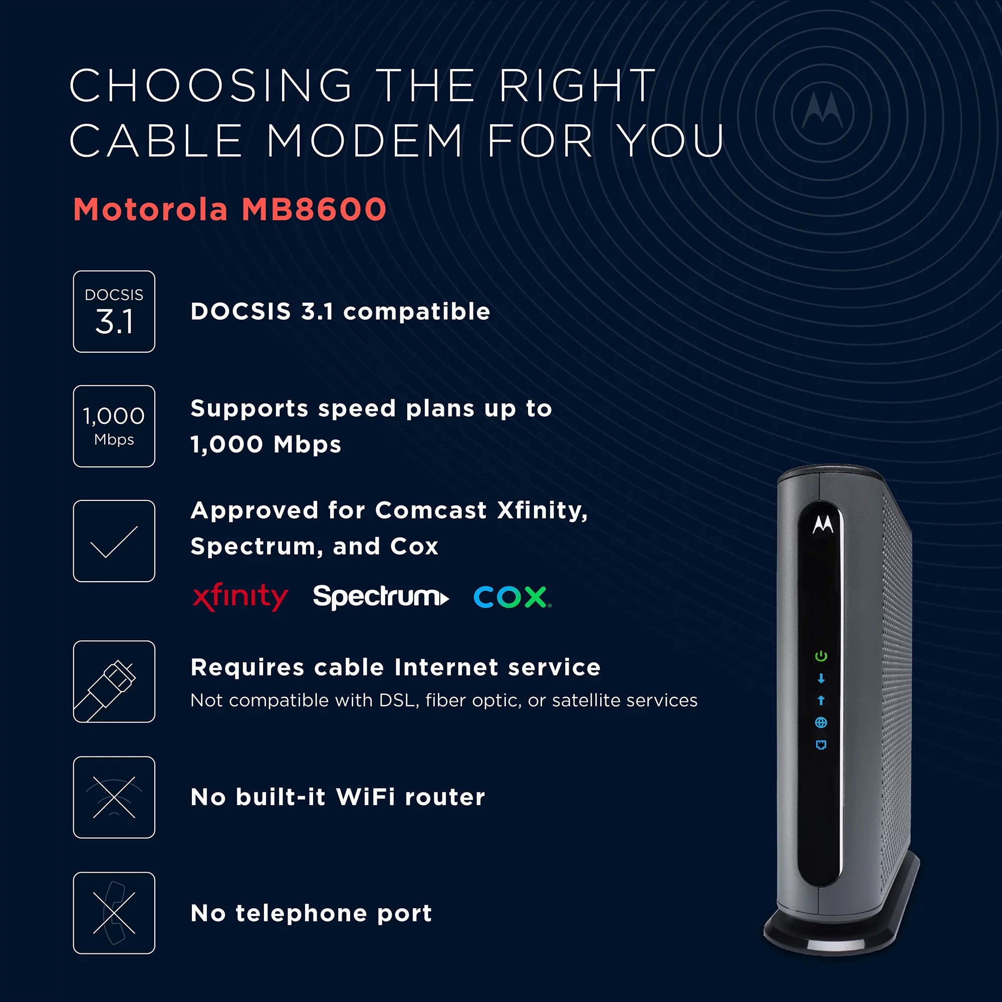 DOCSIS 3.1 Cable Modem, Supports Plans up to 1000 Mbps U32565