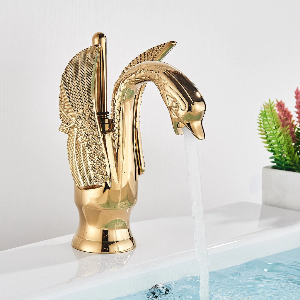 Swan Faucet Bathroom Sink Faucet Polished Gold Single Handle One Hole Basin Tap W86189