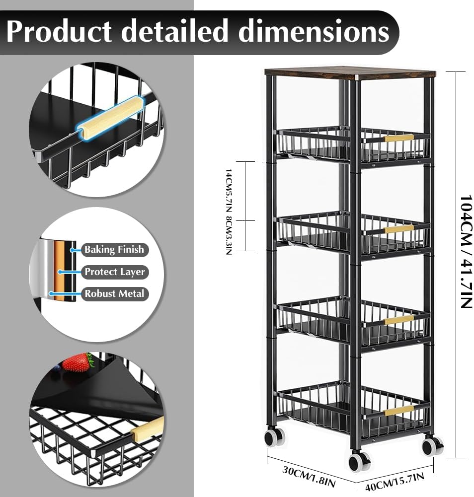 5 Tier Pull-Out Wire Storage Basket with Wood Top and Wheels for Kitchen N460