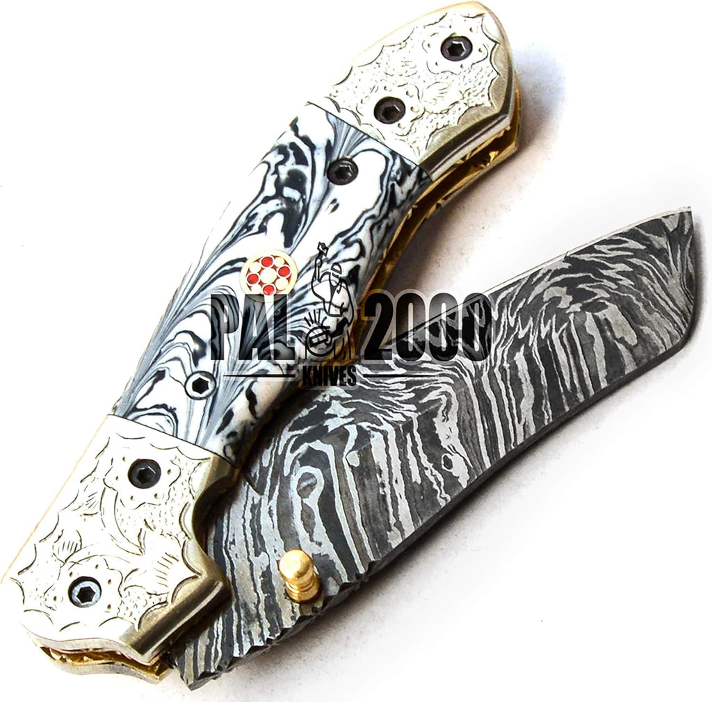 Damascus Steel Folding Pocket Knife with Sheath J237734