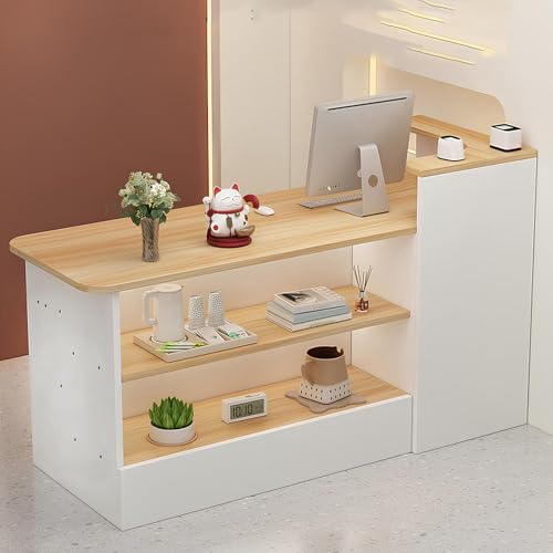 Front Desk Reception Counter, Retail Checkout, Modern Cashier Cabinet, Wooden Cashier Counter with Storage Space for Clothing Salon Shop Hotel(White+Grey+Right High)