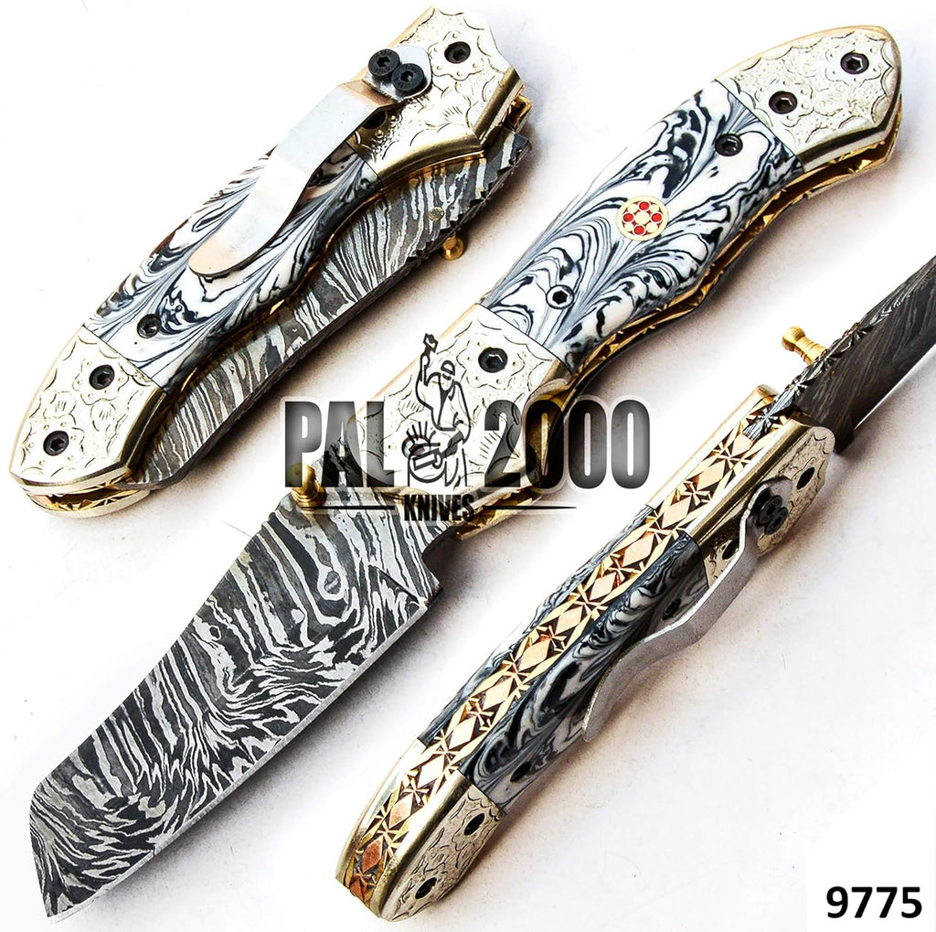 Damascus Steel Folding Pocket Knife with Sheath J237734