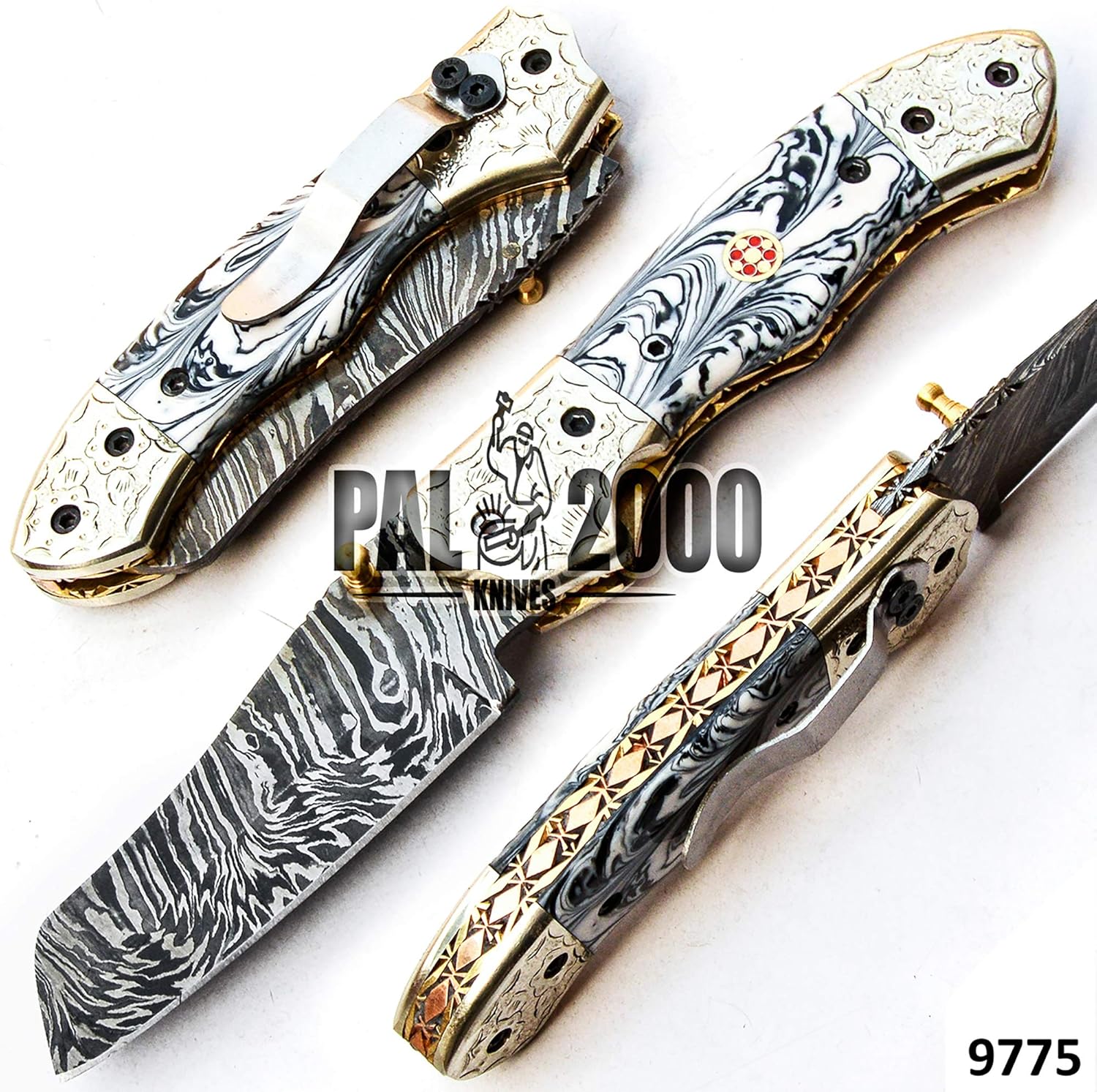 Damascus Steel Folding Pocket Knife with Sheath J237734