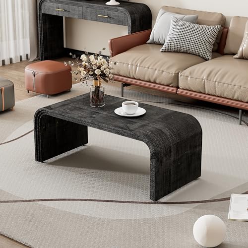 47.2" Minimalist Coffee Table with Curved Art Deco Design,Retro Multifunctional Cocktail Table for Living Room,Dining Room,Easy Assembly (Natural Wood Wash)