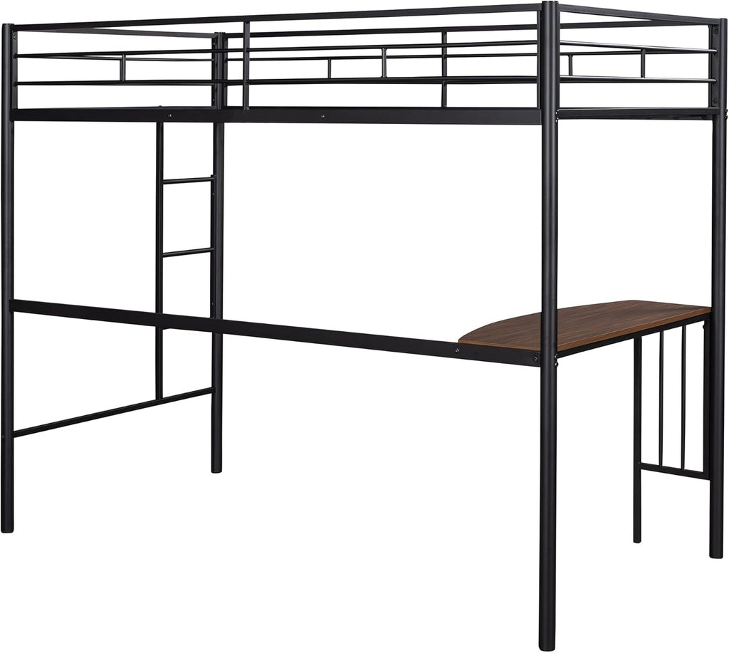 Twin Size Metal Loft Bed with Desk and Storage Shelves X8579