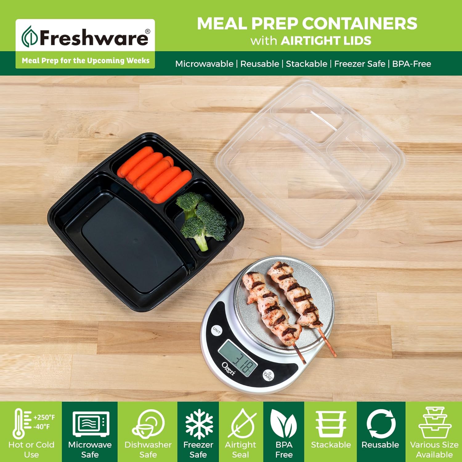 Meal Prep Containers 3 Compartment with Lids, BPA Free, Stackable P534166