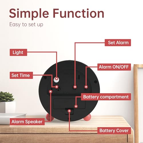 4 Inch Silent Non Ticking Alarm Clock with Night Light, Battery Operated F8892