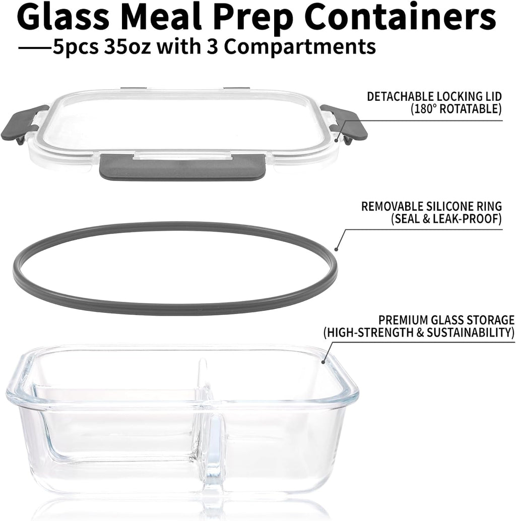Glass Meal Prep Containers 5-Pack with Lids, 35oz, Bento Box for Freezer & Ovens A853