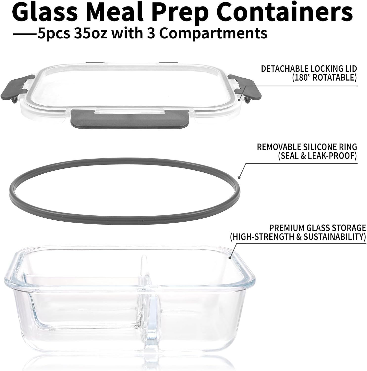 Glass Meal Prep Containers 5-Pack with Lids, 35oz, Bento Box for Freezer & Ovens A853