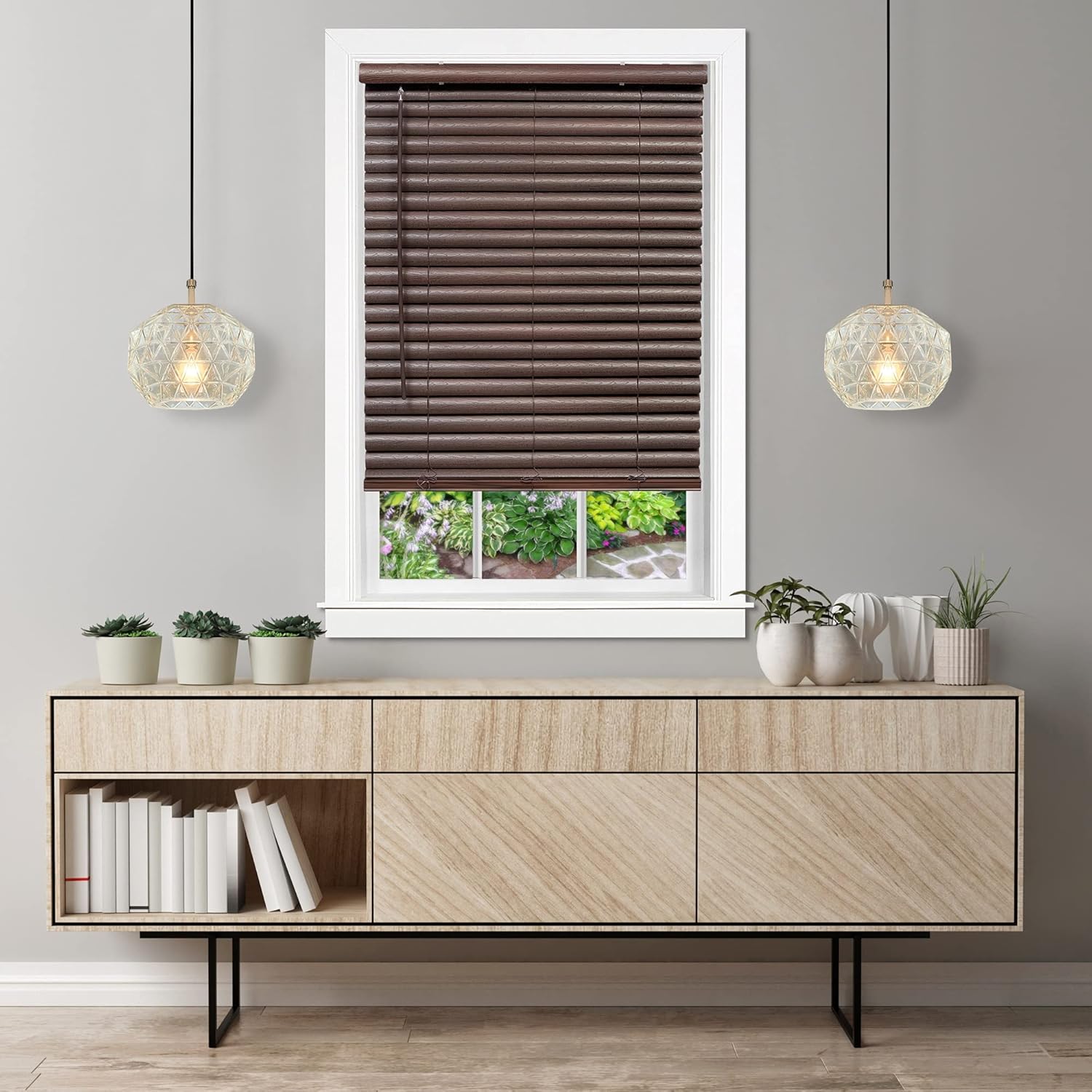 Ergode Cordless GII Luna 2" Vinyl Plantation Blind - Wood Grain Texture, Cordless Lift - 32x64 Mahogany - Child and Pet Safe