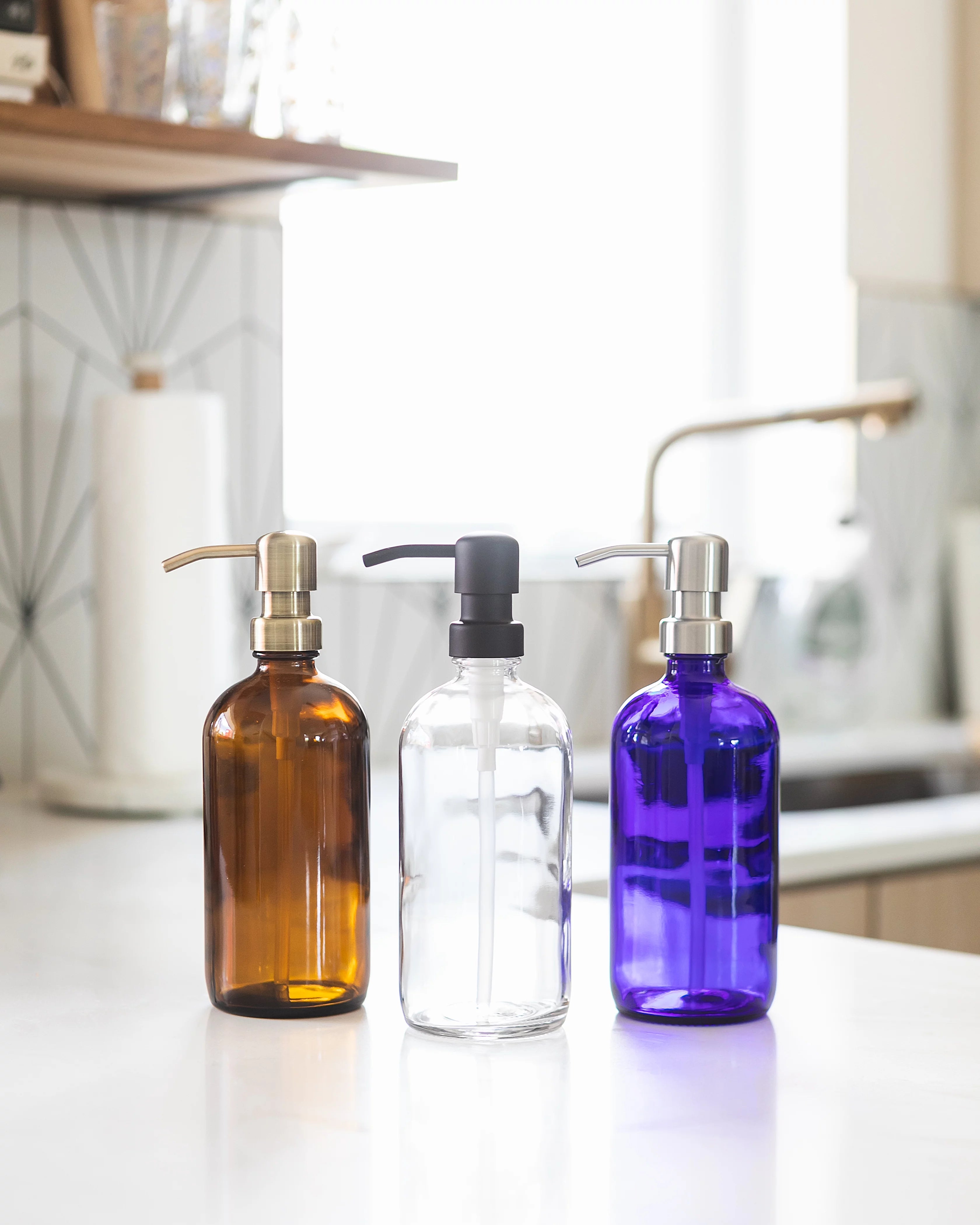 Blue Glass Pump Dispenser for Soap and Lotion, 2 Pack P317960