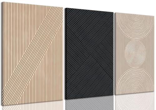 Bwodke Framed Neutral Abstract Wall Art Modern Minimalist Line Canvas Poster Prints Set of 3 Boho Beige Black Brown Geometric Texture Decor Picture Painting Living Room Bedroom Office 16"x24"