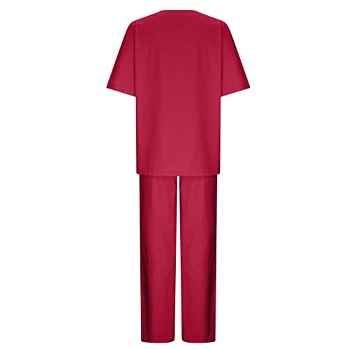Two Piece Summer Outfit Linen Short Sleeve Top Wide Leg Pants A959