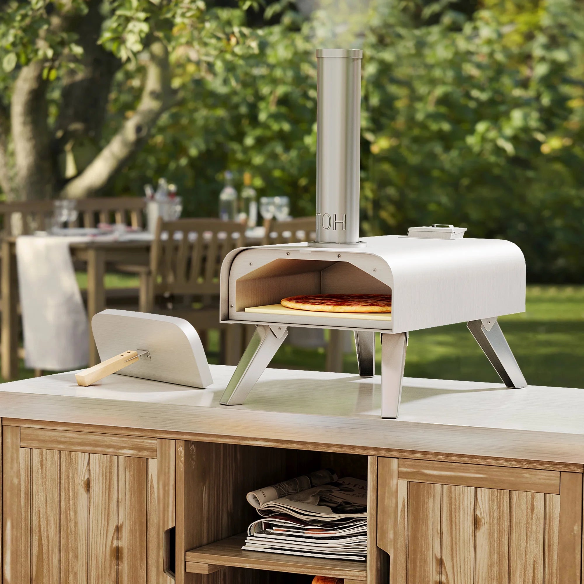 DWVO 12" Wood Fired Pizza Oven, Outdoor Stainless Steel Pizza Maker with Chimney and Wood Handle for Kitchen and Outdoor Cooking