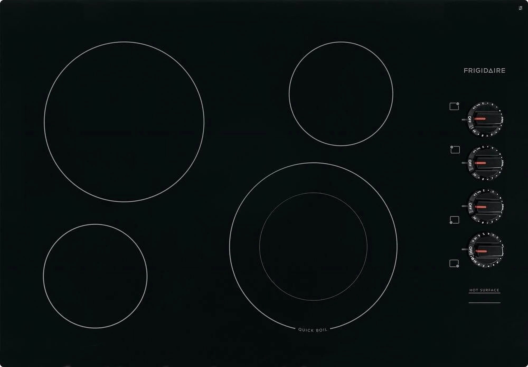Frigidaire FFEC3025UB Electric Cooktop, 30", Black, 4 Element Burners, Ceramic Glass Surface, 3000W Quick Boil Element, Expandable Element, Hot Surface Indicator