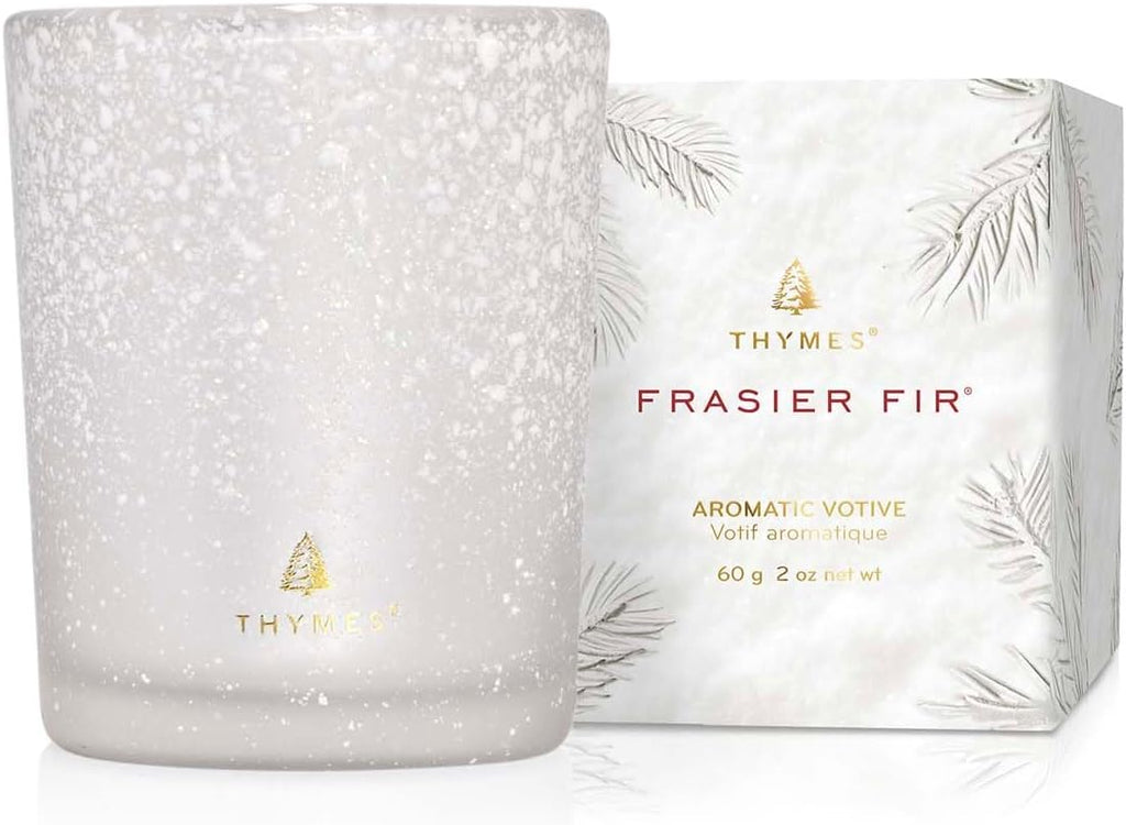 Thymes Frasier Fir Flocked Votive Candle – White Candle Jar Design – Scented Candle with Notes of Crisp Siberian Fir, Cedarwood and Sandalwood – Holiday Candle (2 oz)
