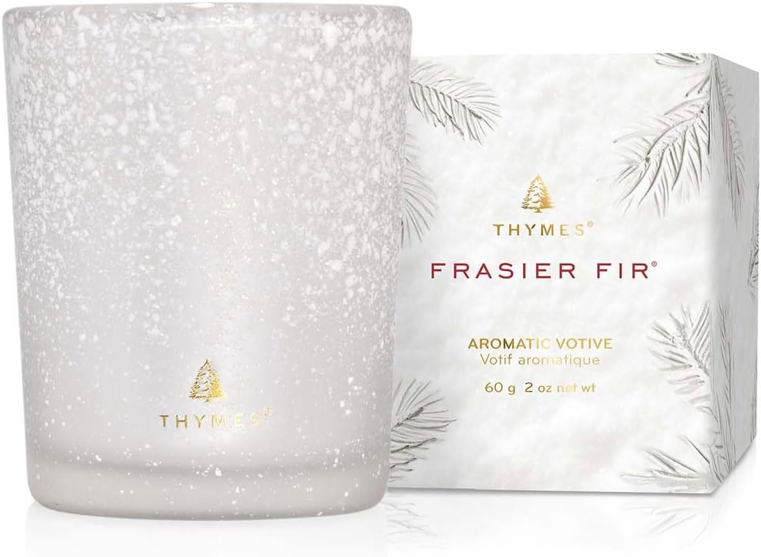 Thymes Frasier Fir Flocked Votive Candle – White Candle Jar Design – Scented Candle with Notes of Crisp Siberian Fir, Cedarwood and Sandalwood – Holiday Candle (2 oz)