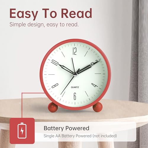 4 Inch Silent Non Ticking Alarm Clock with Night Light, Battery Operated F8892