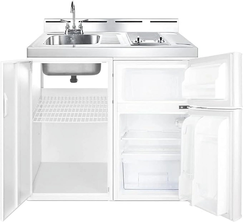All-in-one kitchenette with 2-burner cooktop, fridge, sink, and cabinet N453