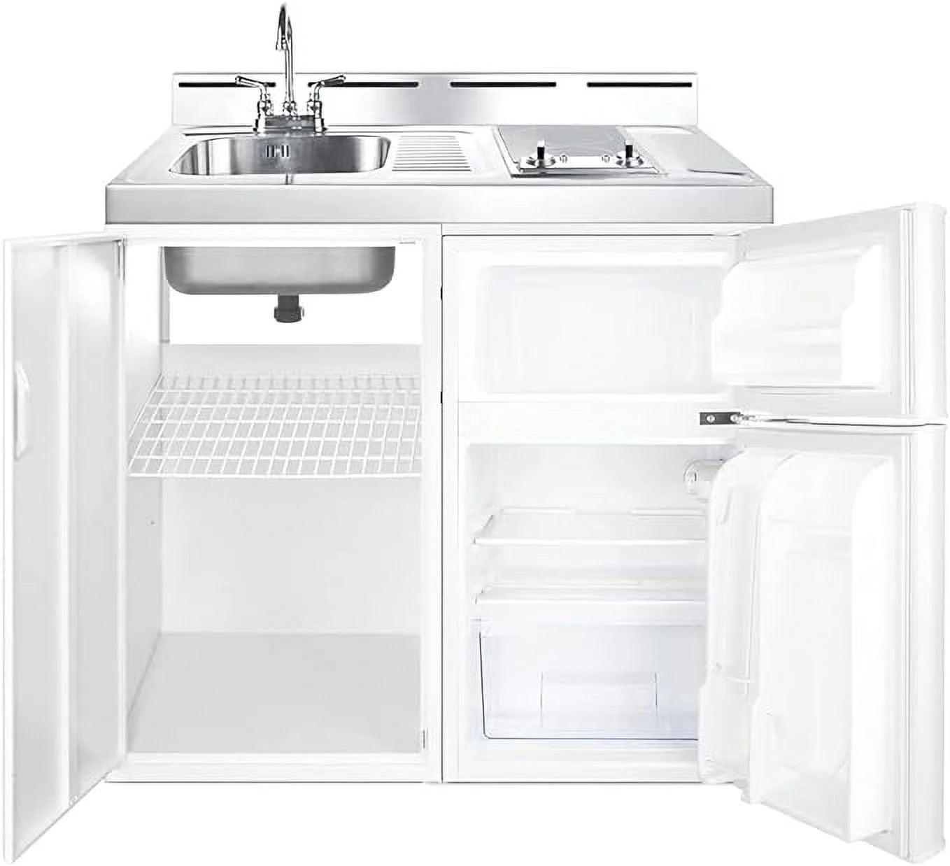 All-in-one kitchenette with 2-burner cooktop, fridge, sink, and cabinet N453