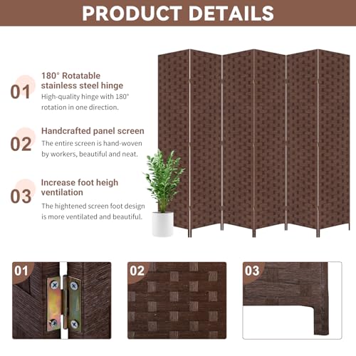 6 Panel Folding Room Divider, 71" High, Bamboo Mesh Woven Design I32052