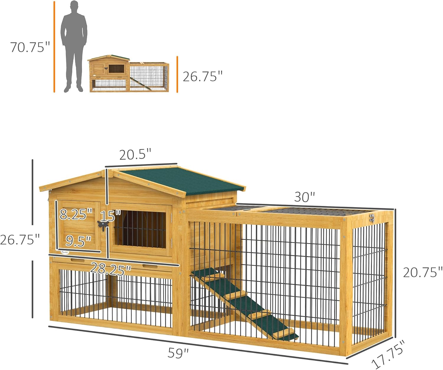 Outdoor Rabbit Hutch with Openable Top, Wooden Cage with Run, Removable Tray P519