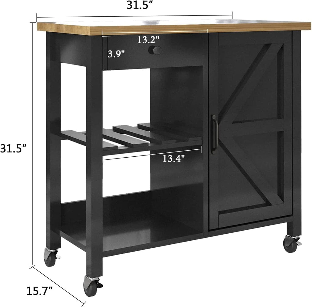 Coffee Bar Cart on Wheels with Storage Cabinet and Adjustable Shelves, Black A91633