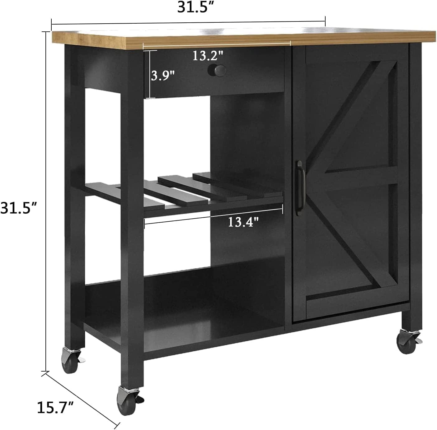 Coffee Bar Cart on Wheels with Storage Cabinet and Adjustable Shelves, Black A91633