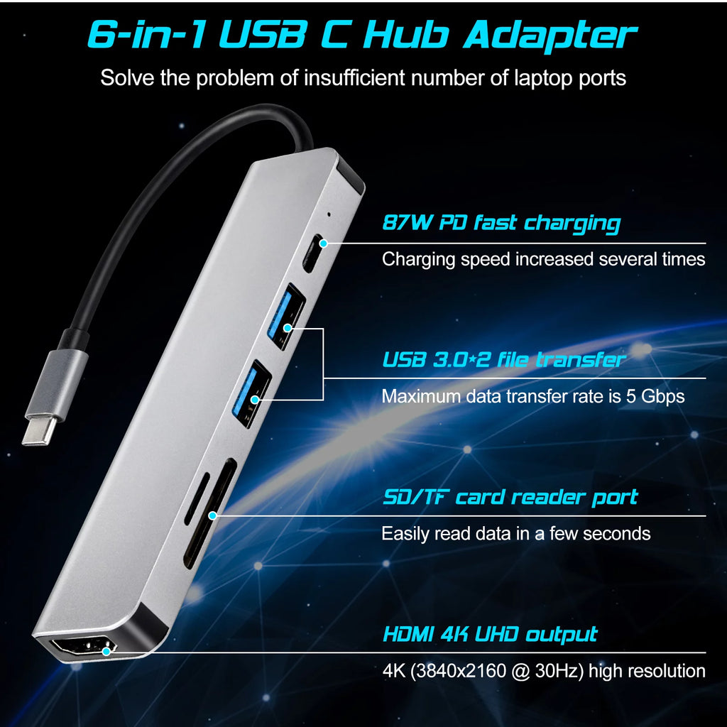 USB-C Hub 6-in-1 Multiport Adapter with 4K HDMI, USB 3.0, SD/TF Card Reader R36745