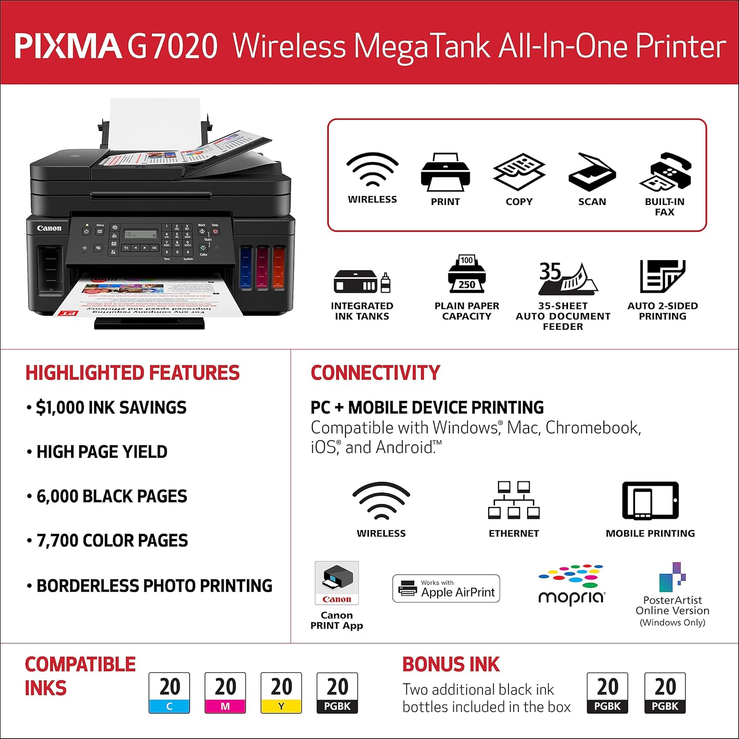 Wireless All-in-One Supertank Printer with Copier, Scanner, Fax and ADF L406