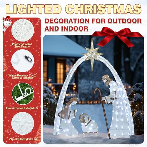 5FT Pre-Lit Nativity Scene with 150 LED Lights for Outdoor Indoor Christmas Decor B6024