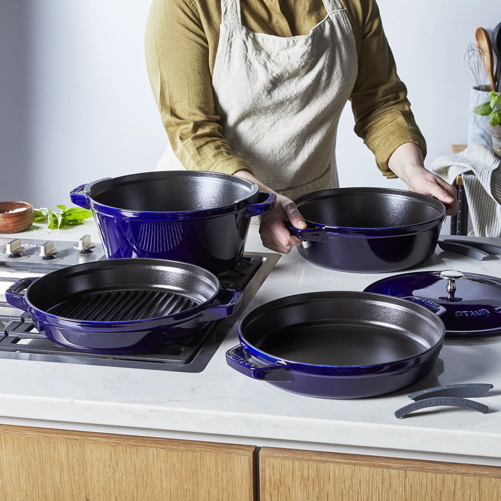 Cast Iron Cookware Set 4-Piece, Stackable Dutch Oven with Universal Lid, Dark Blue D57755