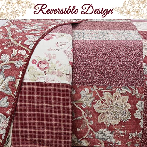 Red Navy Blue Brown Floral Print Reversible Cotton Coverlet Bedding Set, King 3 Piece O650917