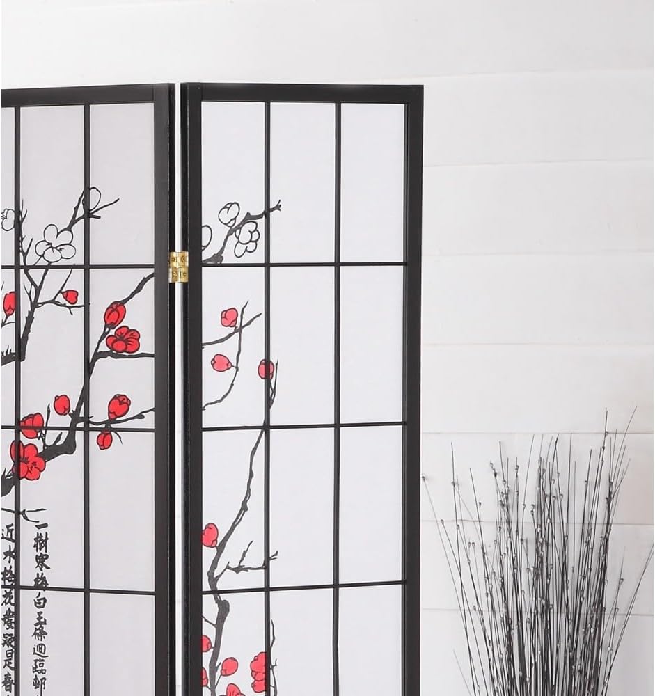 4-Panel Folding Shoji Room Divider with Plum Blossom Design D825787