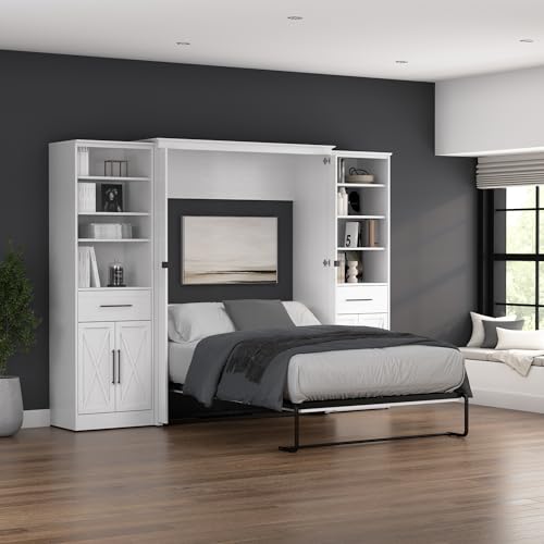 Bestar Key West Full Murphy Bed and Closet Organizers with Doors and Drawers (113W) Space-Saving Sleeping Arrangement for Multipurpose Area, Bedroom, Guest Room, or Living Room in Pure White Oak