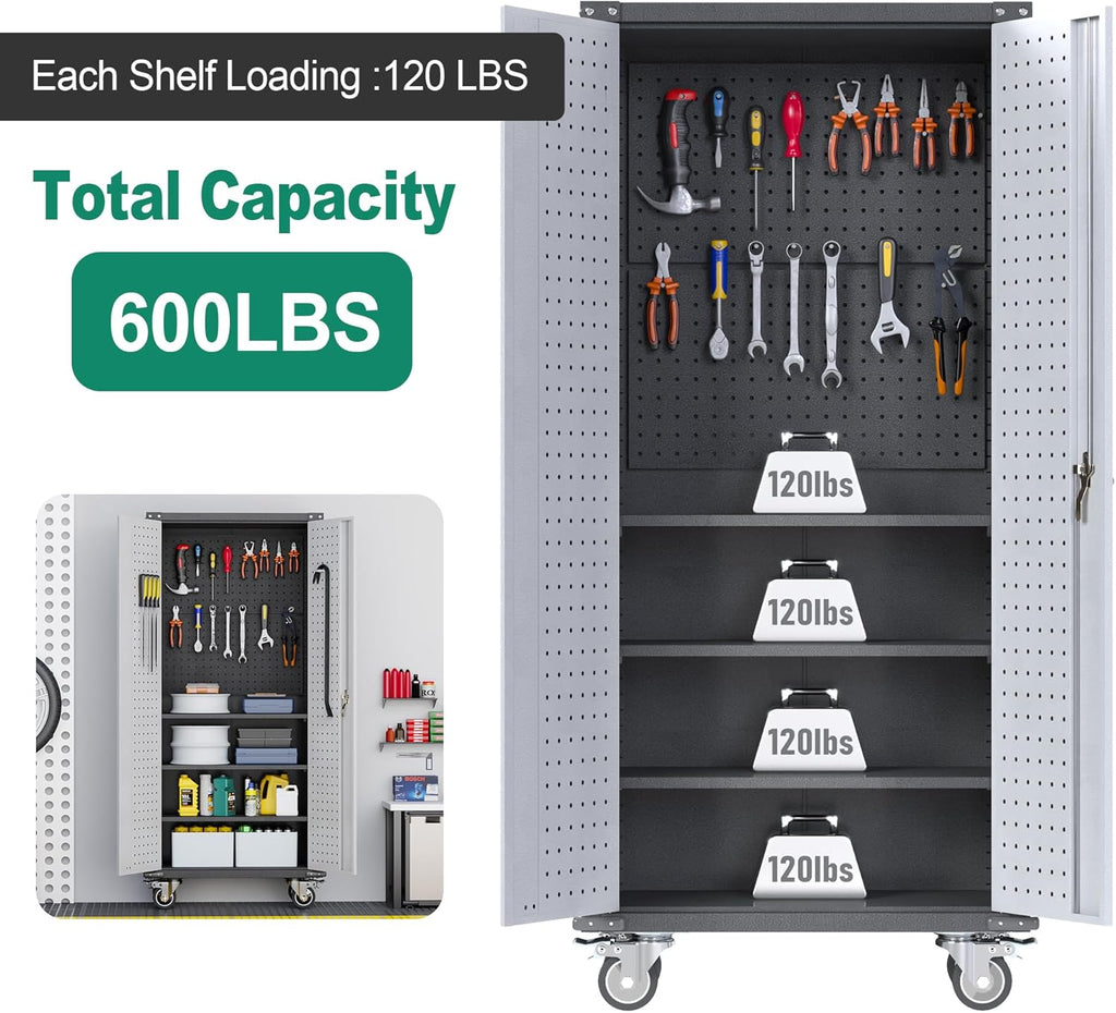 Metal Storage Cabinet with Pegboard and Wheels Q7622
