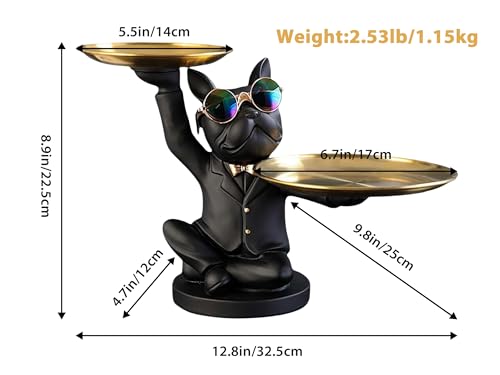 French Bulldog Resin Statue with 2 Metal Trays for Entryway Decor F3312