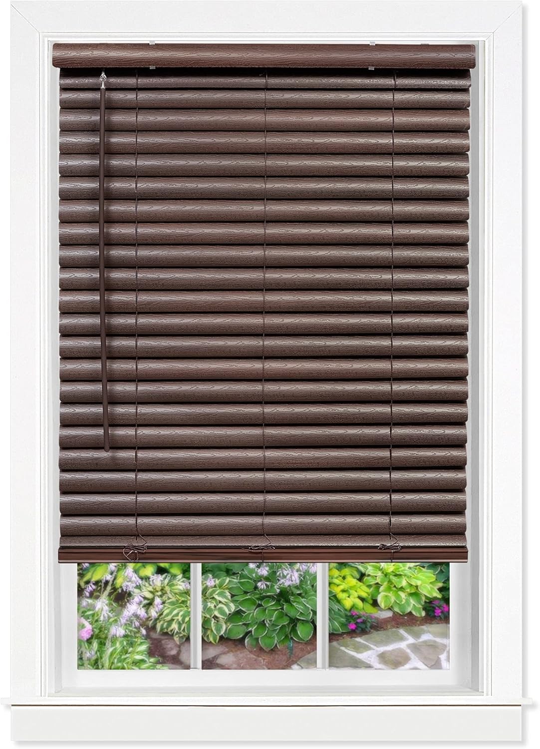 Cordless Vinyl Plantation Blind 32x64 Mahogany Wood Grain D937