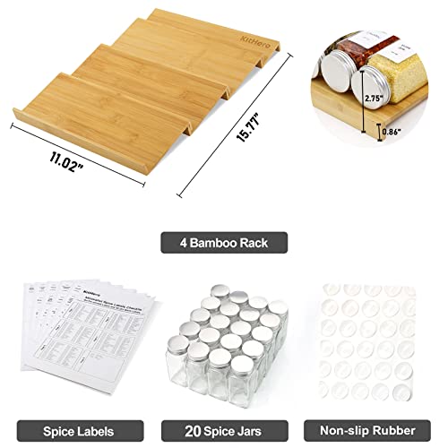 Bamboo 4-Tier Spice Drawer Organizer with 28 Jars and Labels F353