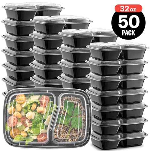 50-Pack Reusable Meal Prep Containers with Lids, 32 oz, 2 Compartment, BPA Free P405690